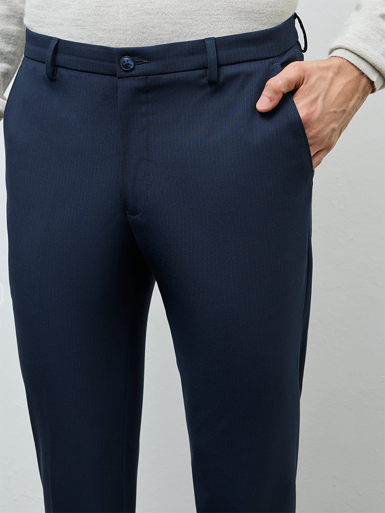 WES Formals Navy Pinstripe Ultra Slim-Fit Mid-Rise Trousers