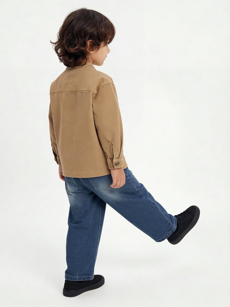 HOP Kids Boys Beige Solid Cotton Jacket