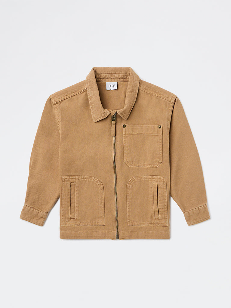 HOP Kids Boys Beige Solid Cotton Jacket