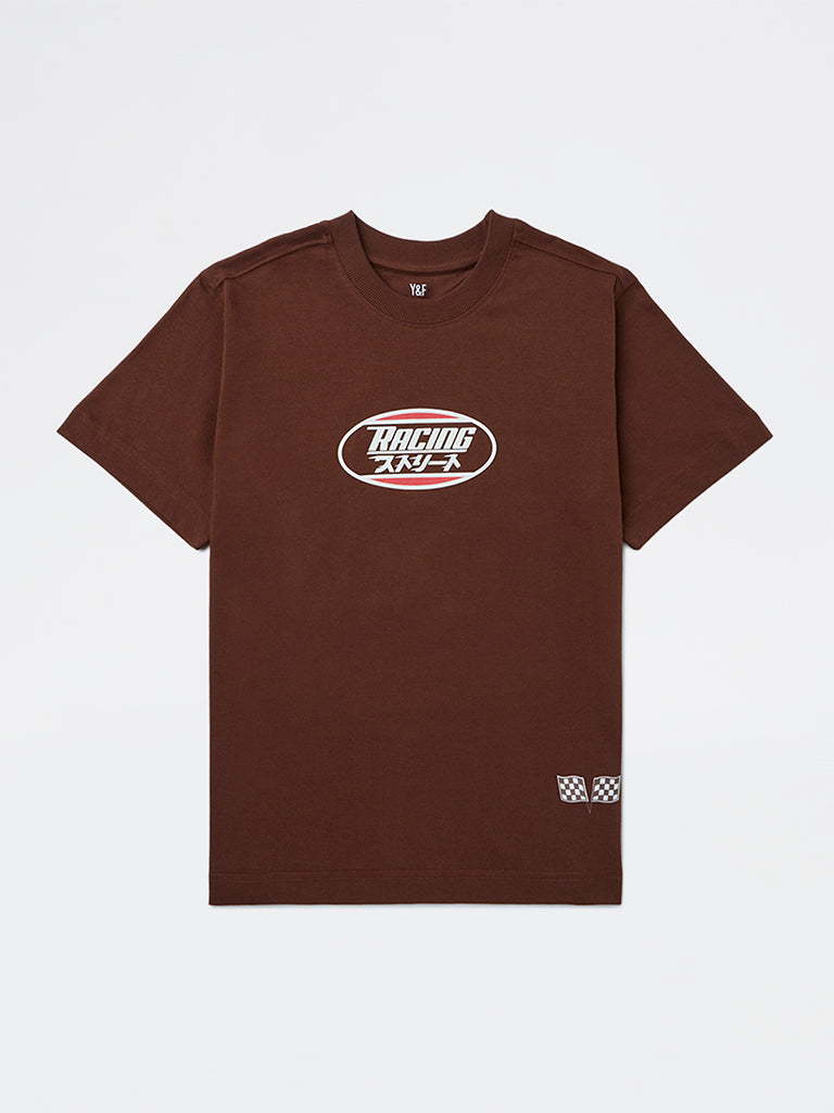 Boys Brown Race-Inspired Printed Cotton T-Shirt