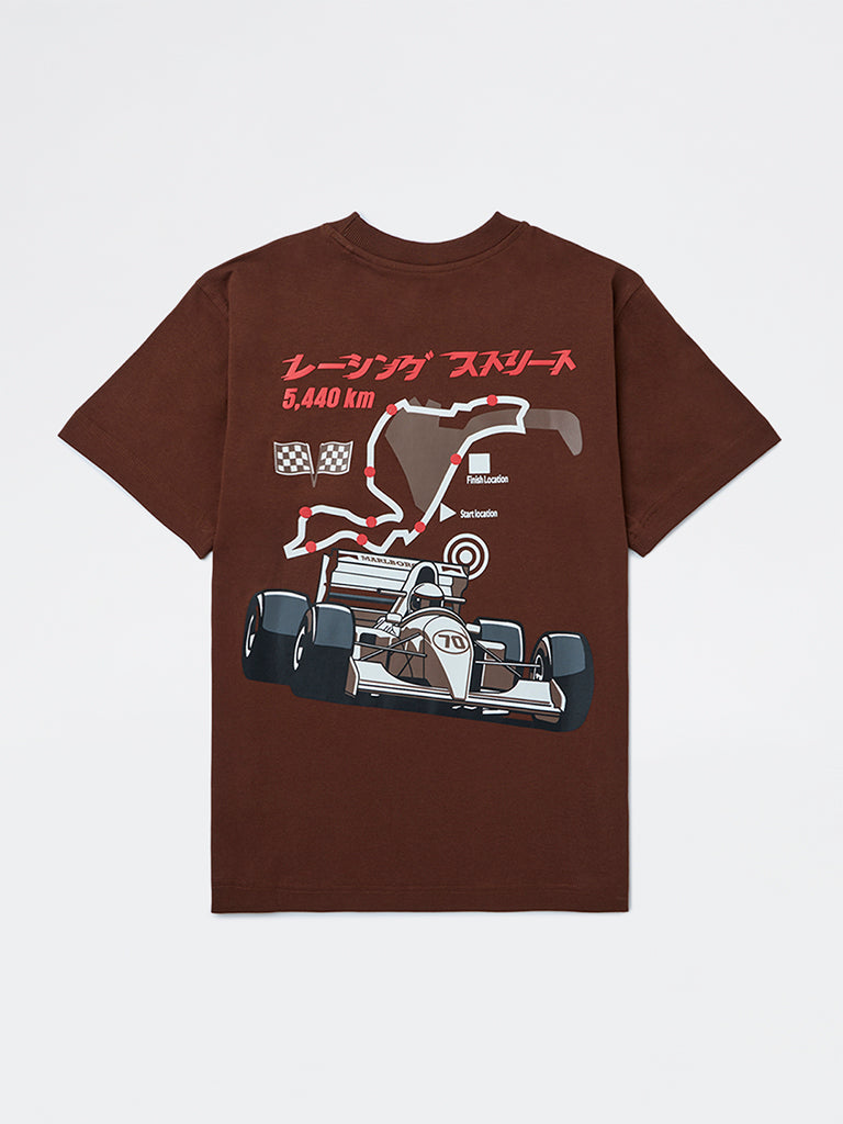 Boys Brown Race-Inspired Printed Cotton T-Shirt