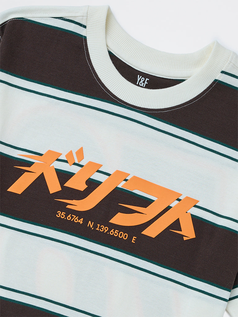Boys Brown Striped Cotton T-Shirt