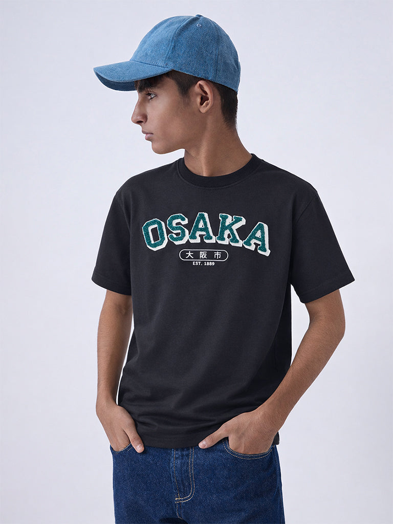 Boys Black Text Detailed Cotton T-Shirt