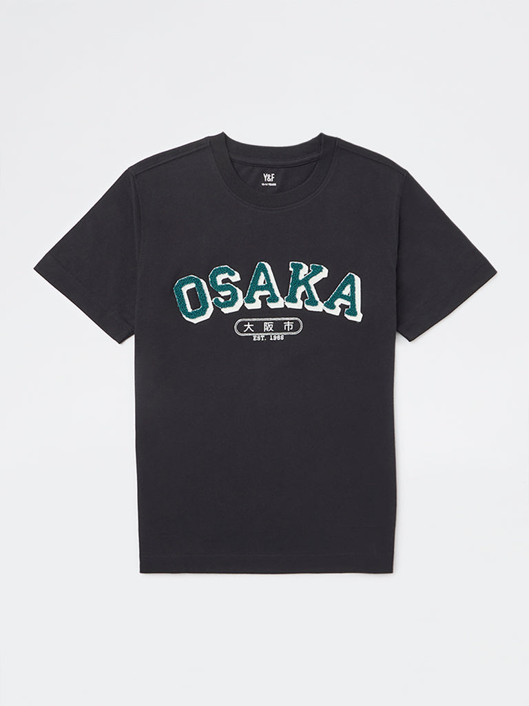 Boys Black Text Detailed Cotton T-Shirt