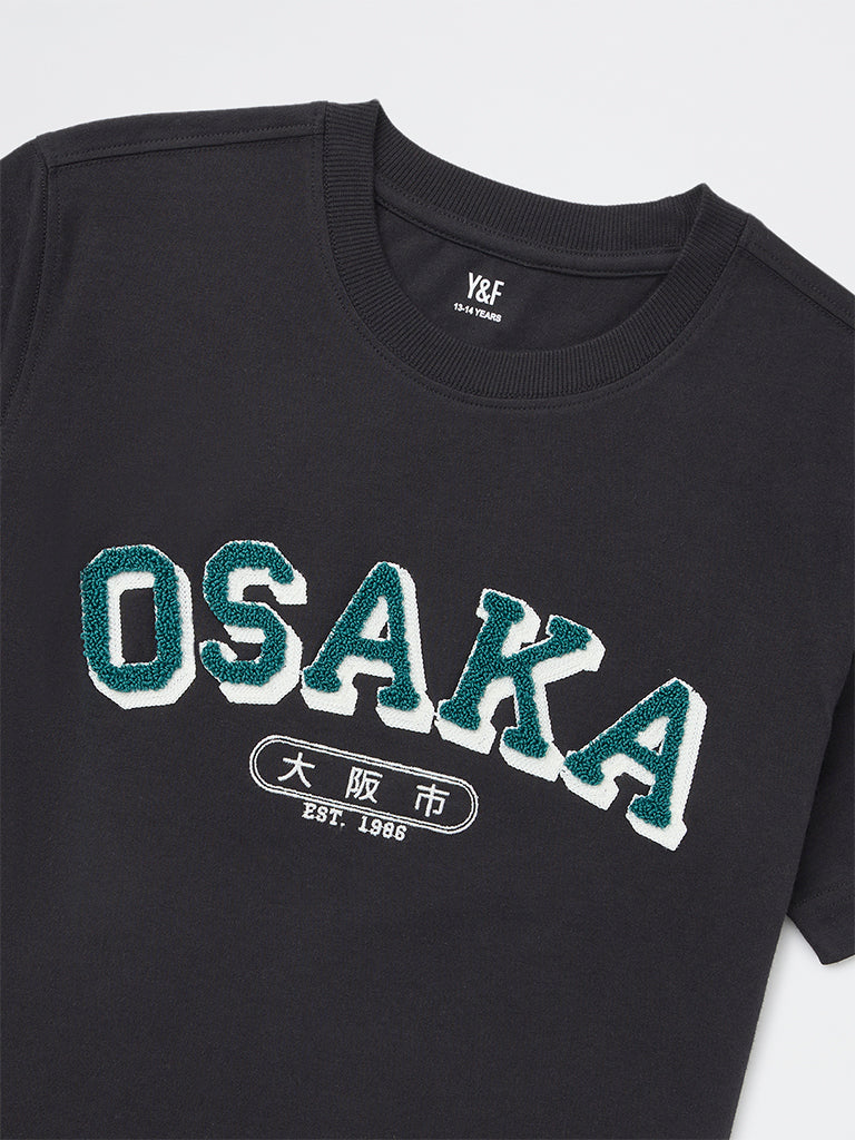 Boys Black Text Detailed Cotton T-Shirt