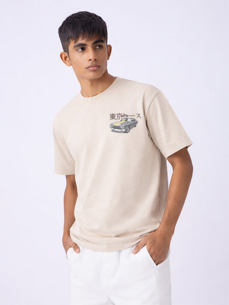 Boys Beige Printed Cotton T-Shirt