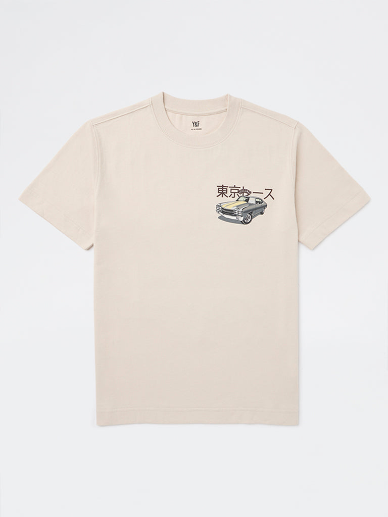 Boys Beige Printed Cotton T-Shirt
