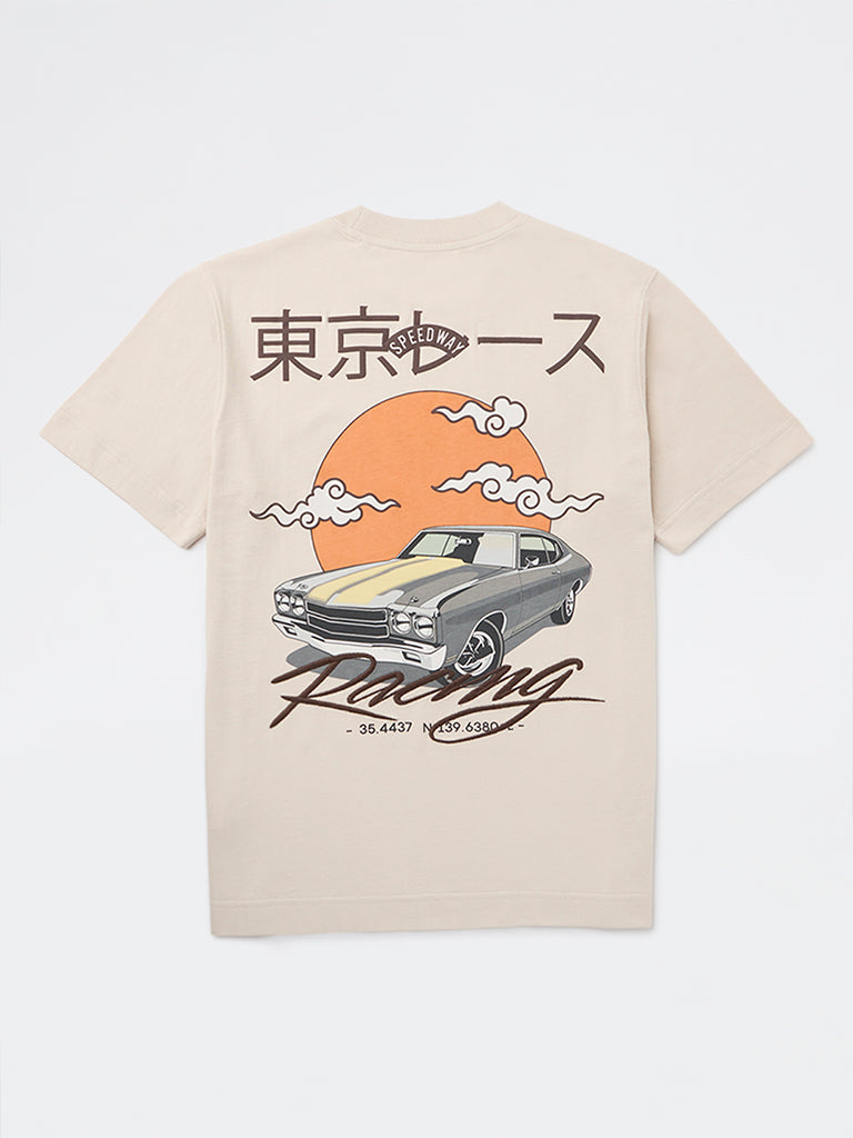 Boys Beige Printed Cotton T-Shirt