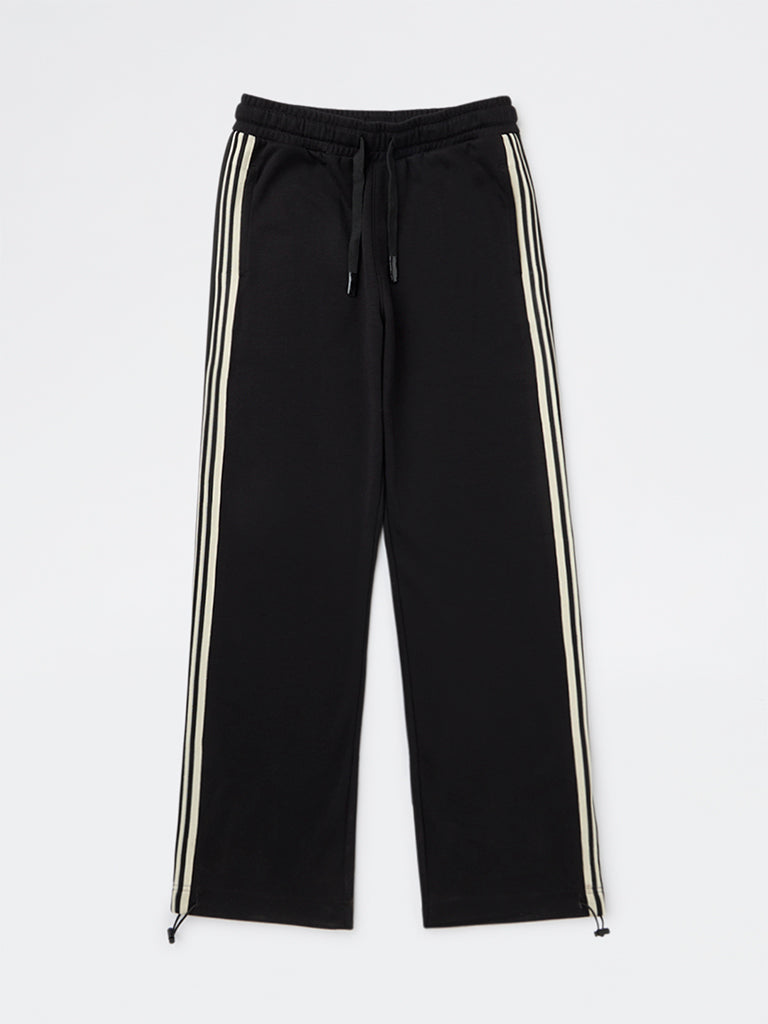 Boys Black Striped Mid-Rise Cotton-Blend Track Pants
