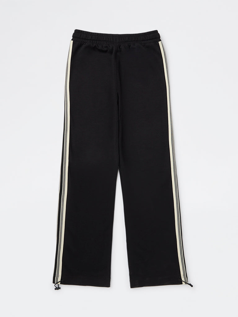 Boys Black Striped Mid-Rise Cotton-Blend Track Pants