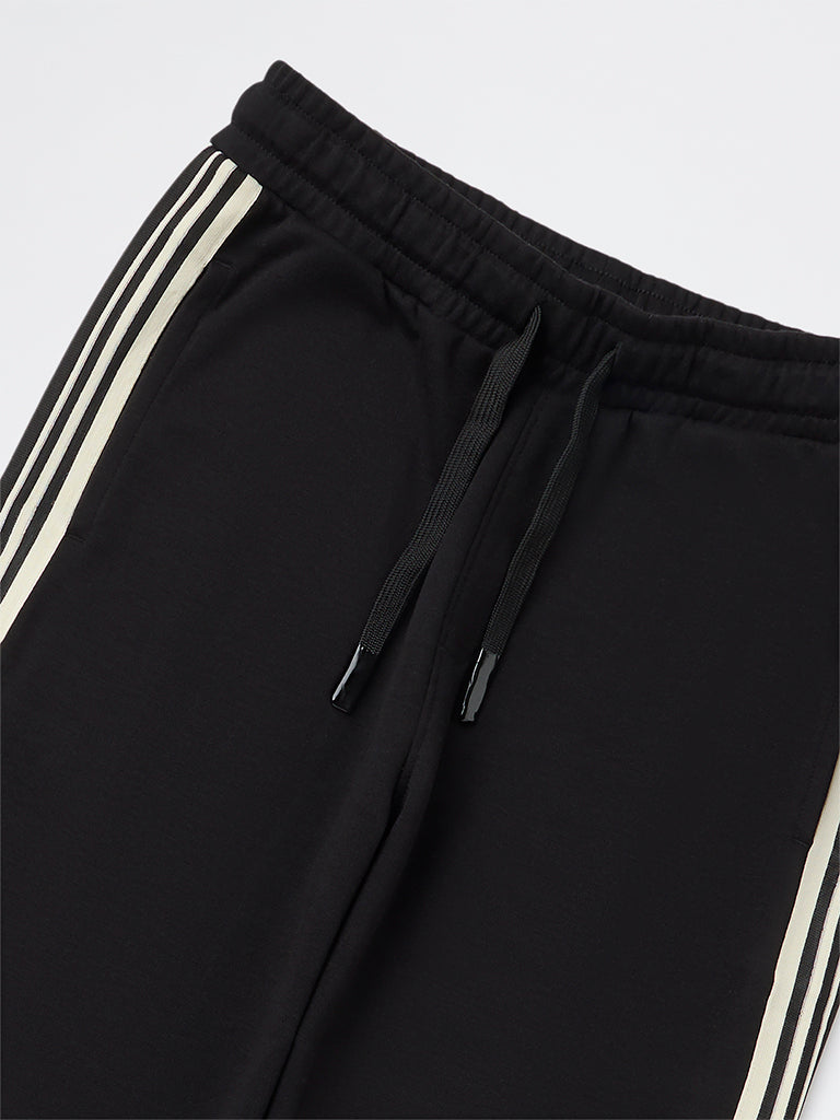 Boys Black Striped Mid-Rise Cotton-Blend Track Pants