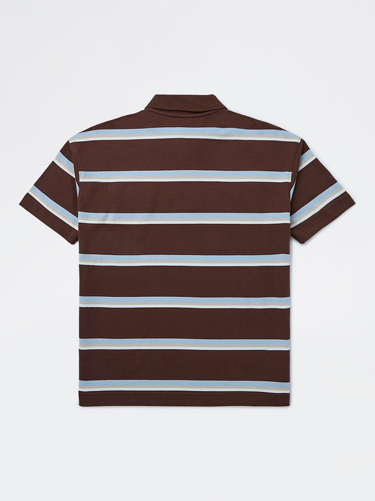 Boys Brown Striped Cotton Polo T-Shirt