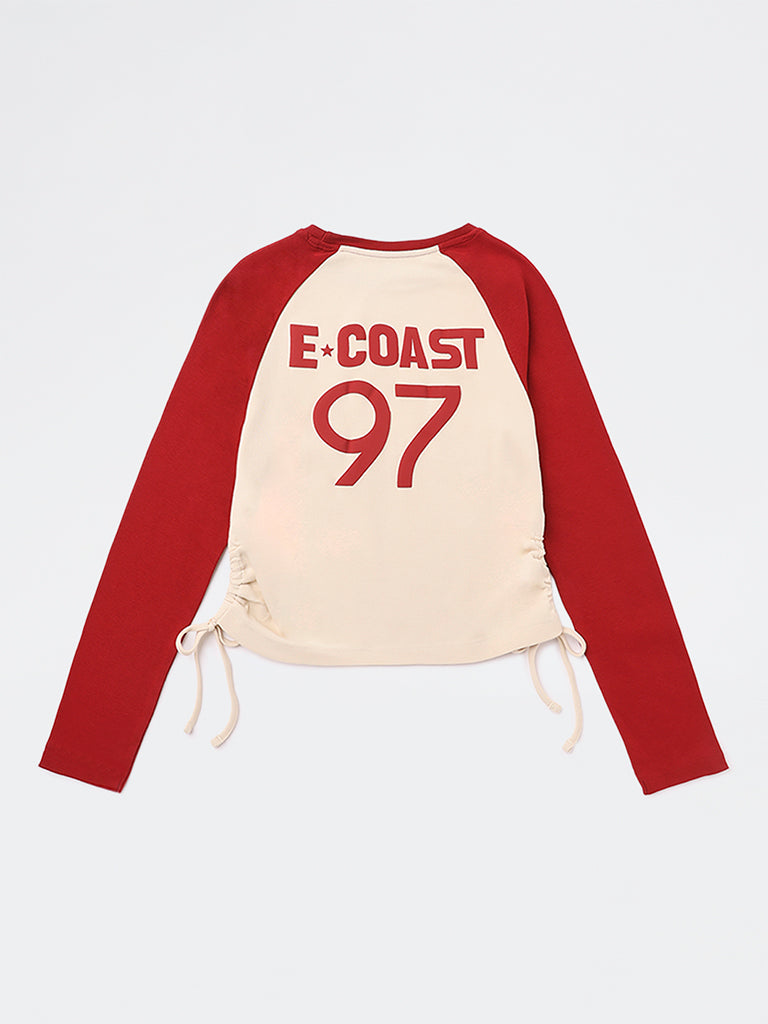 Girls Red Text Printed Cotton-Blend Top