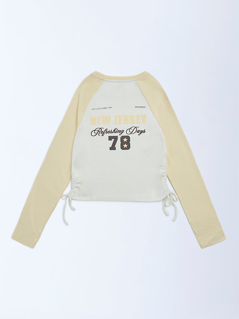 Girls Yellow Typographic Cotton-Blend Top
