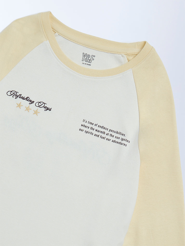 Girls Yellow Typographic Cotton-Blend Top