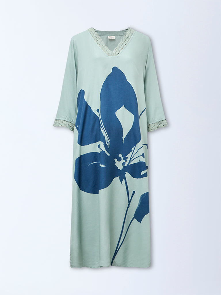 Diza Mint Floral Printed A-Line Kurta