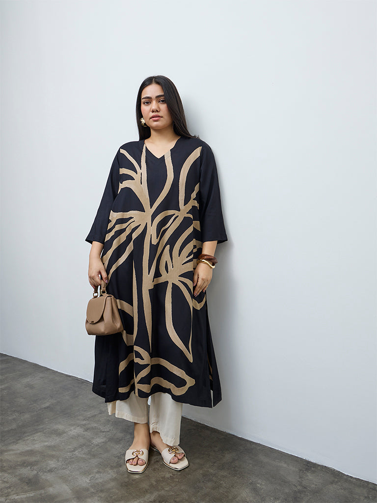 Diza Black Abstract Printed A-Line Kurta