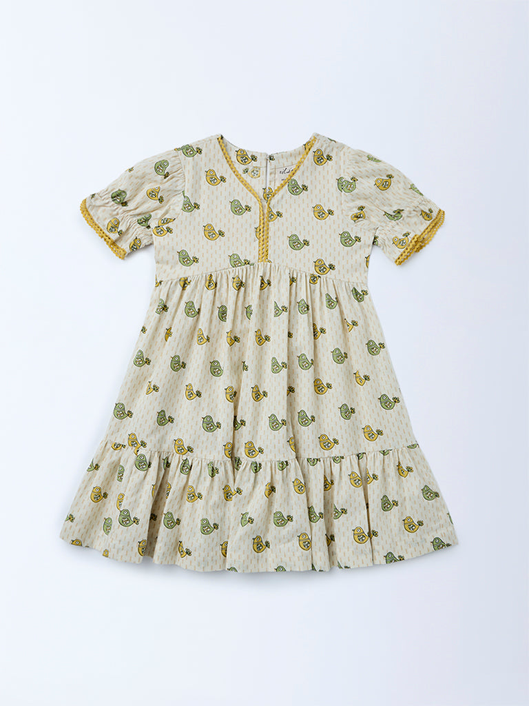 Utsa Kids Girls Off-White Bird Pattern Cotton Tiered Dress - (2-8 yrs)