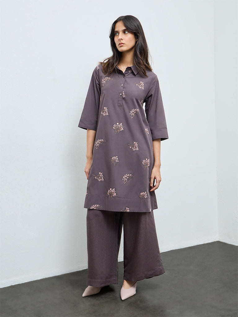 Zuba Grey Floral Embroidered Cotton A-Line Kurta