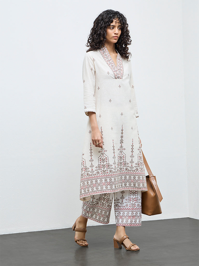 Utsa Beige Printed Cotton-Blend A-Line Kurta