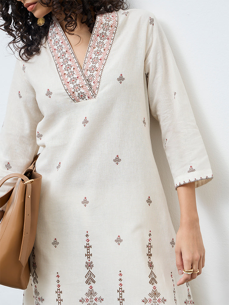 Utsa Beige Printed Cotton-Blend A-Line Kurta