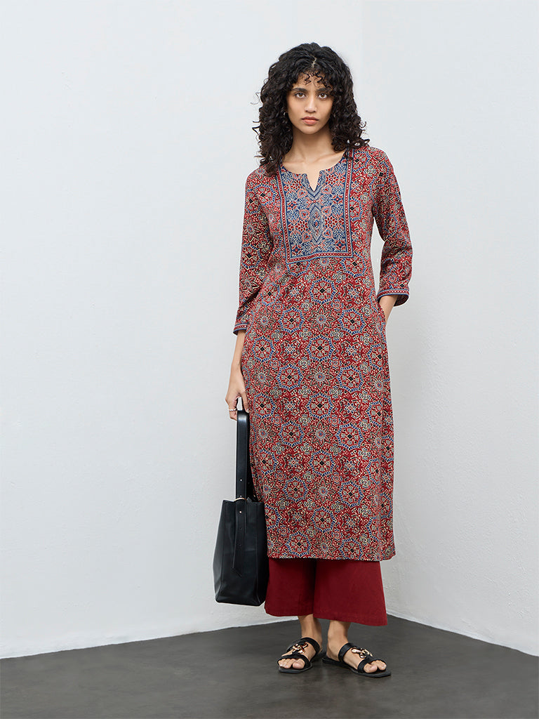 Utsa Rust Floral Printed Cotton A-Line Kurta