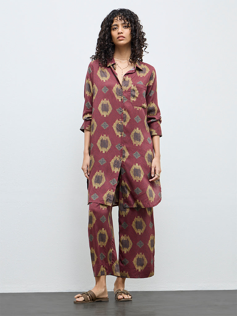 Utsa Maroon Printed A-Line Cotton Kurta