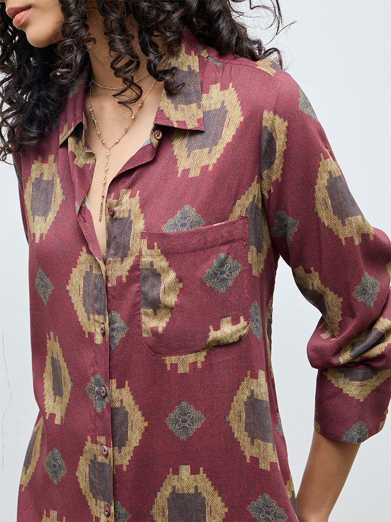 Utsa Maroon Printed A-Line Cotton Kurta