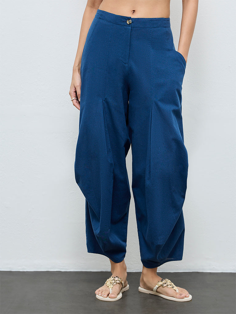 Utsa Indigo Solid Cotton-Blend Pants