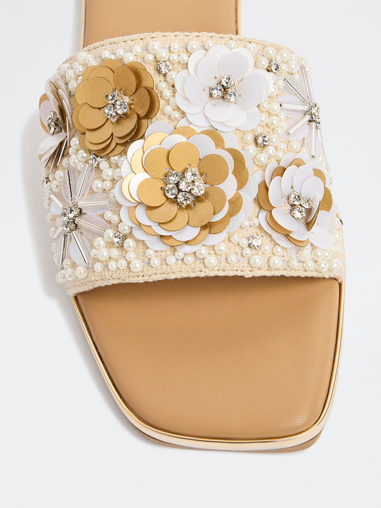 LUNA BLU Beige Floral Embellished Slides