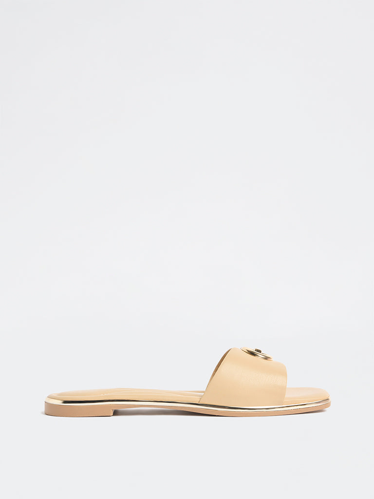 LUNA BLU Beige Buckle Detailed Slides