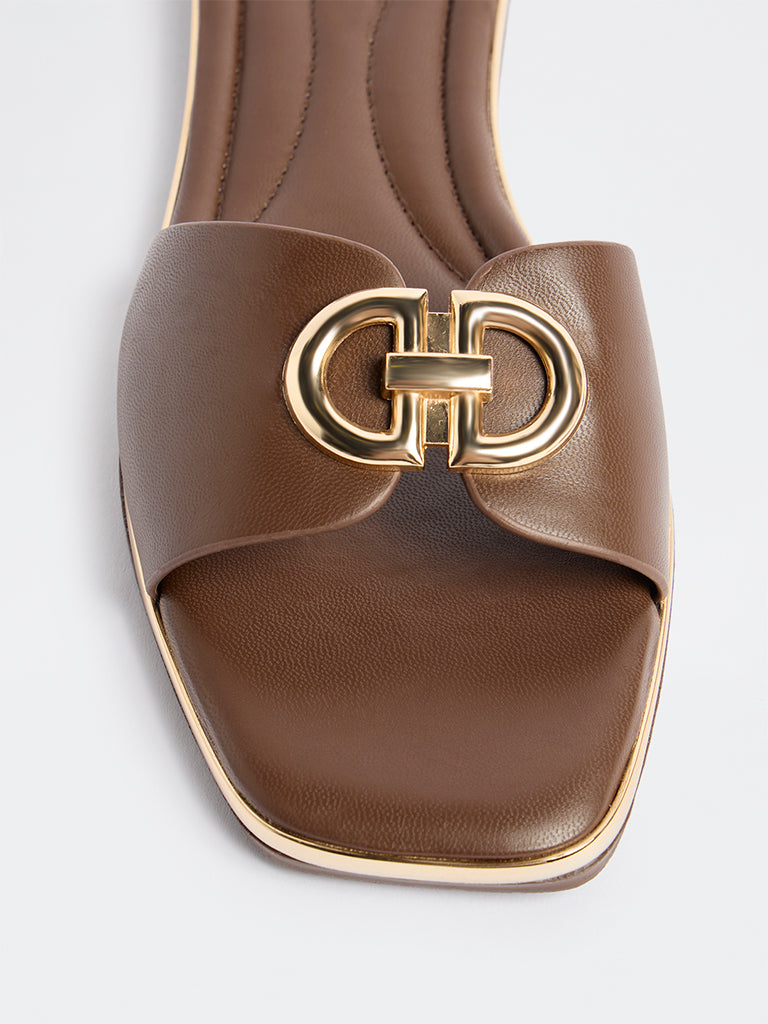 LUNA BLU Dark Brown Buckle-Detailed Slides