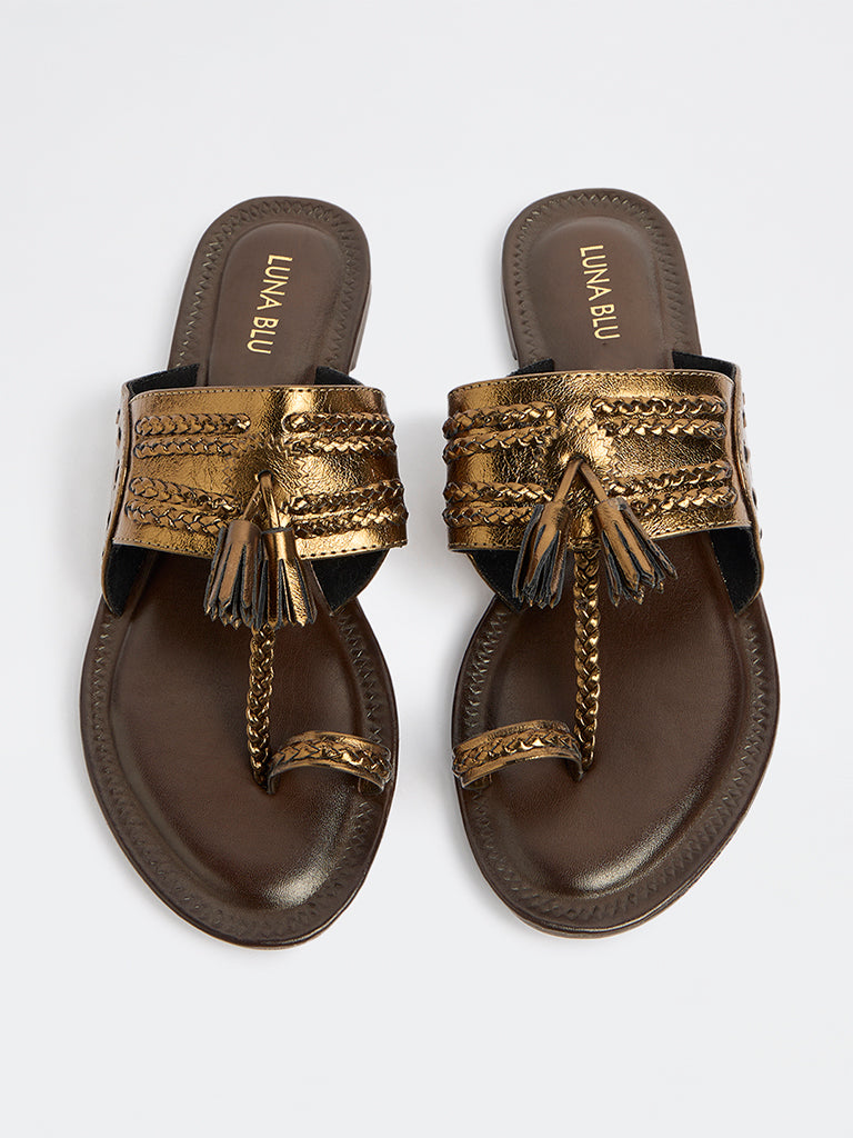 LUNA BLU Dark Brown Tassel Detailed Kolhapuri Sandals