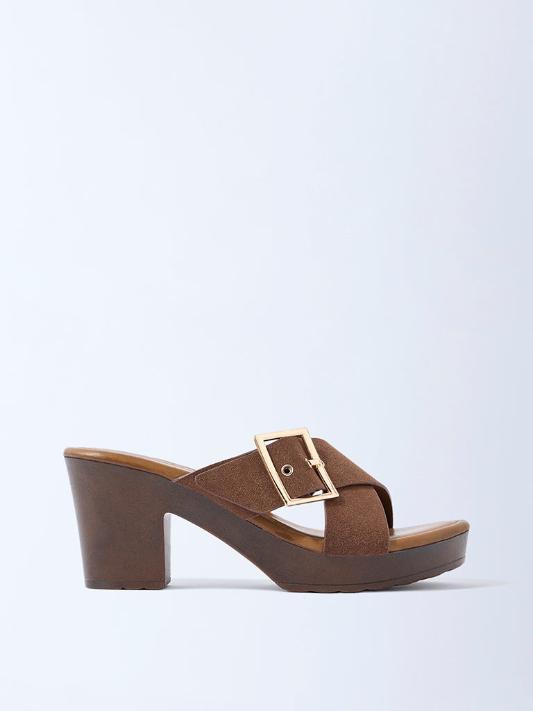 LUNA BLU Brown Criss-Cross Block Heel Sandals