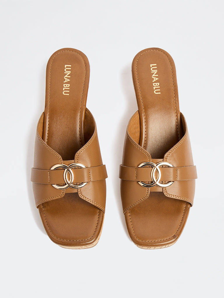 LUNA BLU Tan Buckle-Detailed Wedges Sandals