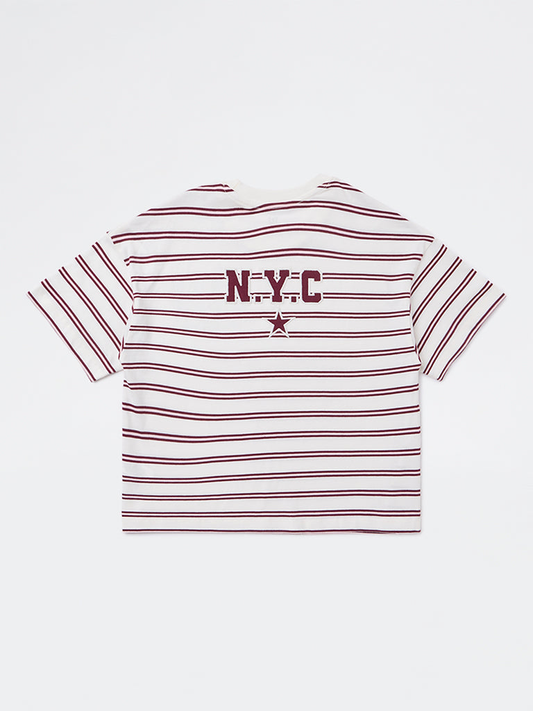 Girls Off-White Striped Cotton T-Shirt