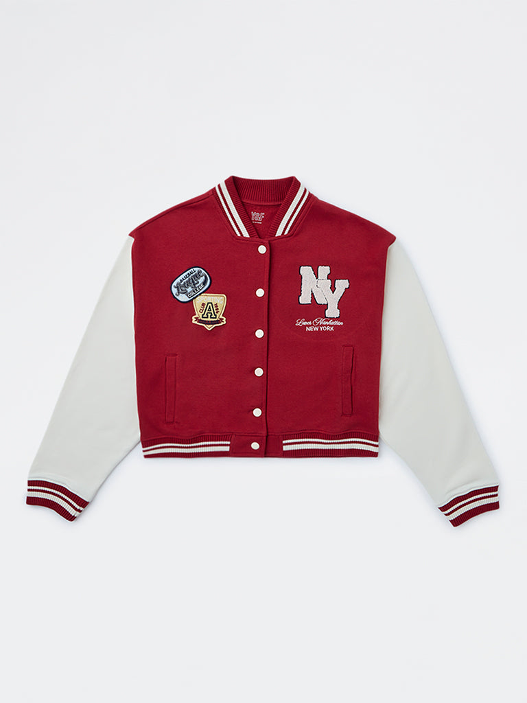 Girls Red Text Detailed Cotton-Blend Varsity Jacket