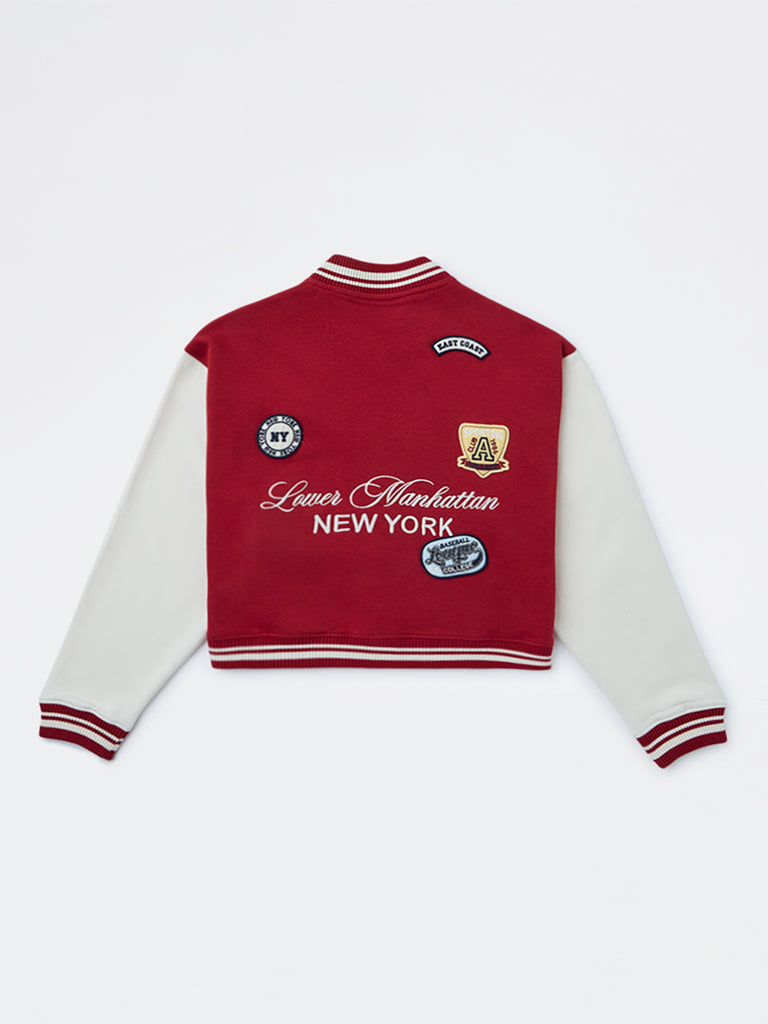 Girls Red Text Detailed Cotton-Blend Varsity Jacket
