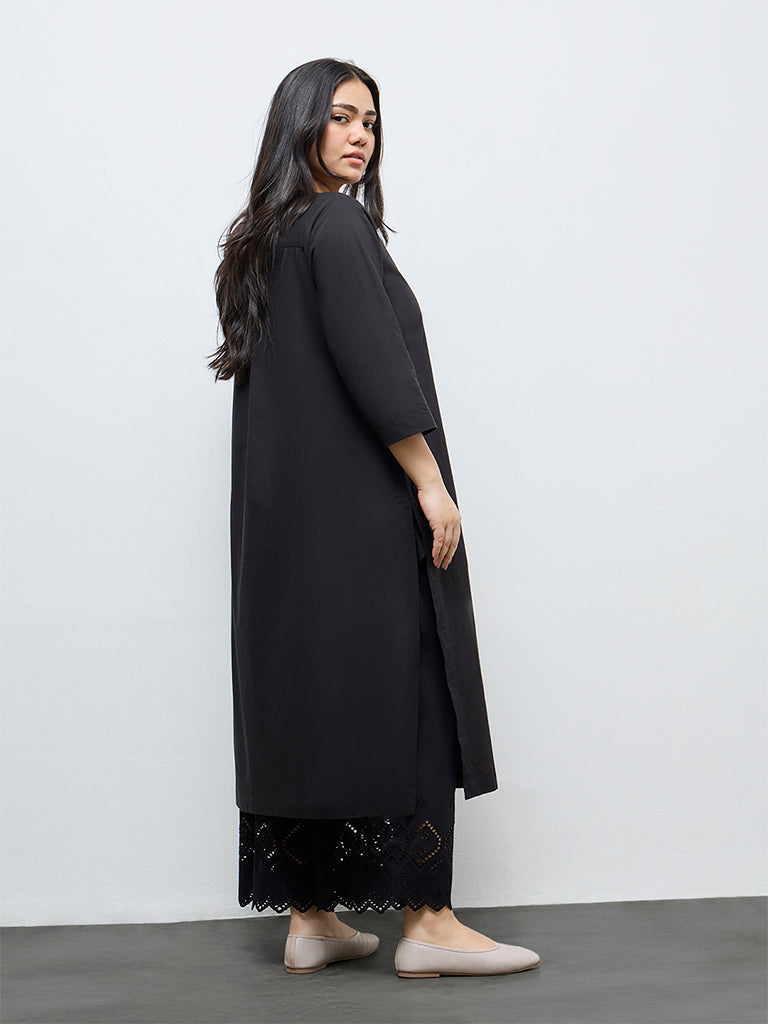 Diza Black Embroidered Cotton A-Line Kurta