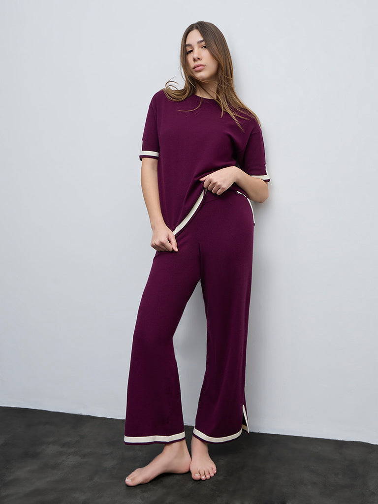 Wunderlove Wine Contrast Detailed High-Rise Pants
