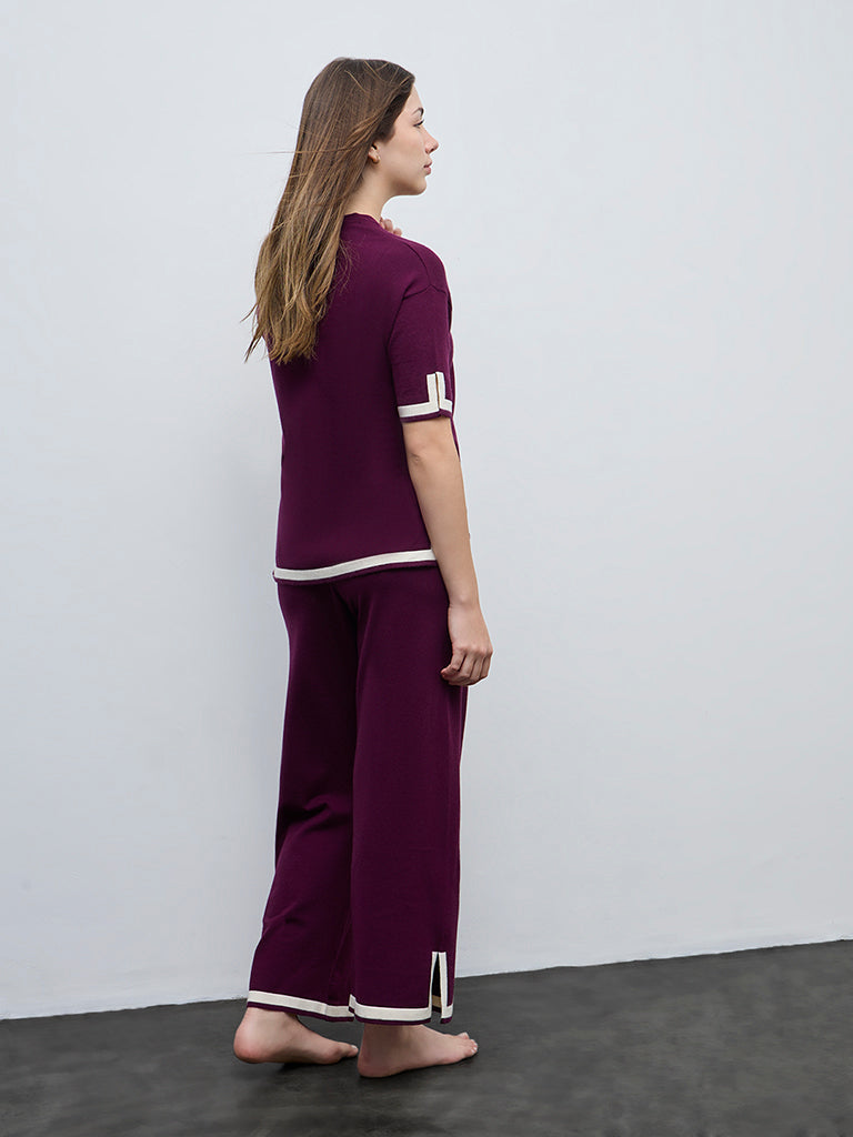 Wunderlove Wine Contrast Detailed High-Rise Pants
