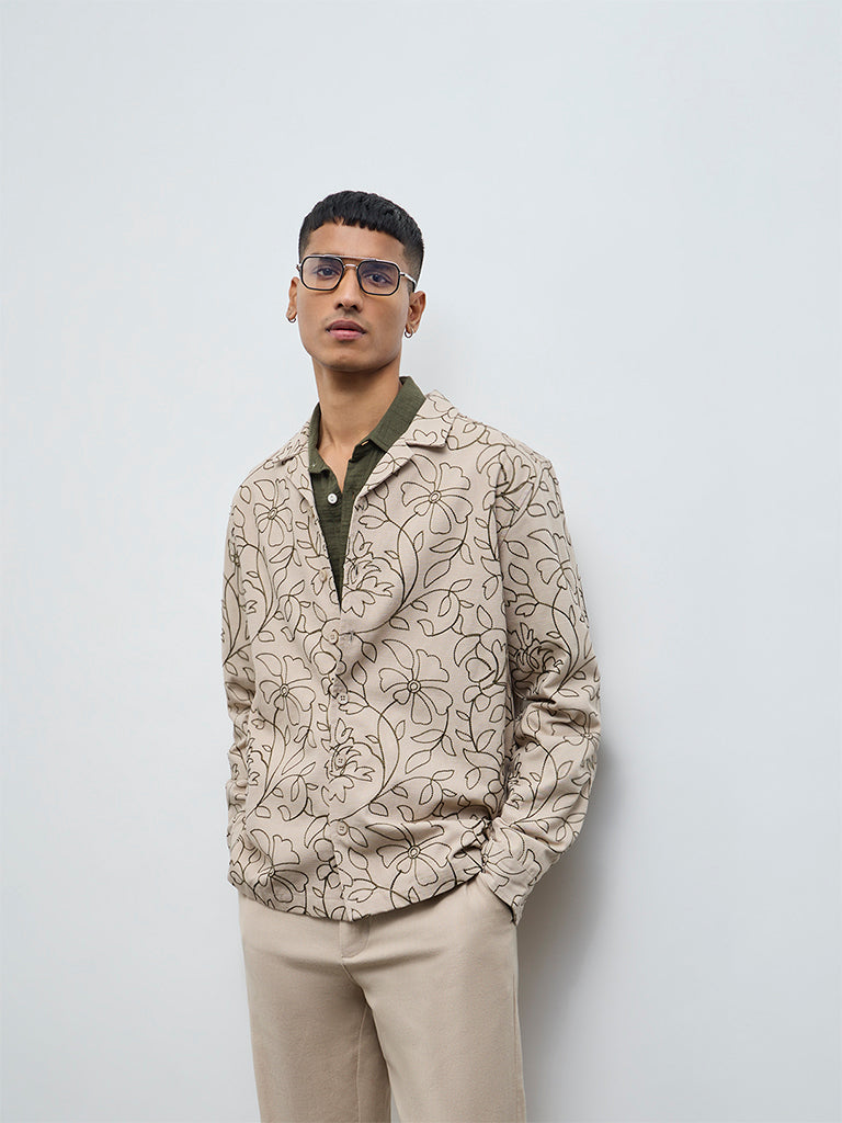 ETA Taupe Floral Embroidered Relaxed-Fit Cotton Jacket