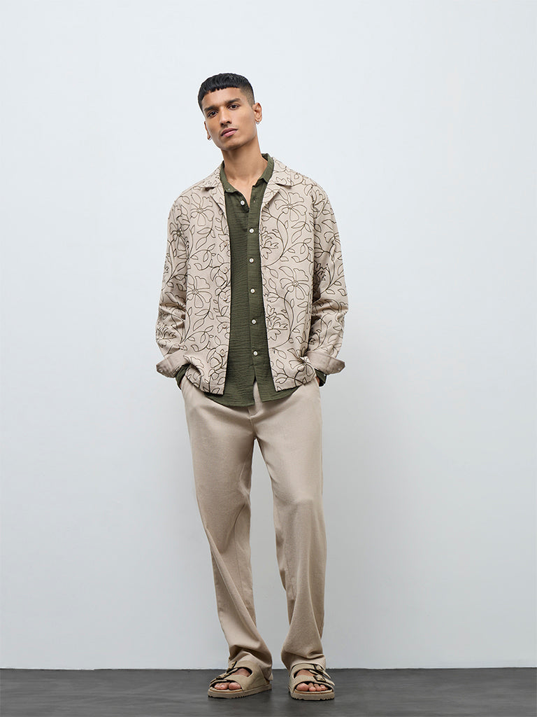 ETA Taupe Floral Embroidered Relaxed-Fit Cotton Jacket