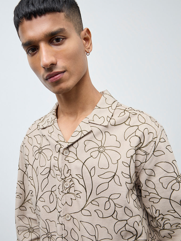 ETA Taupe Floral Embroidered Relaxed-Fit Cotton Jacket