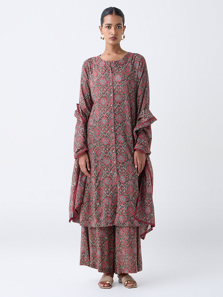 Zuba Maroon Ajrakh Printed A-Line Kurta
