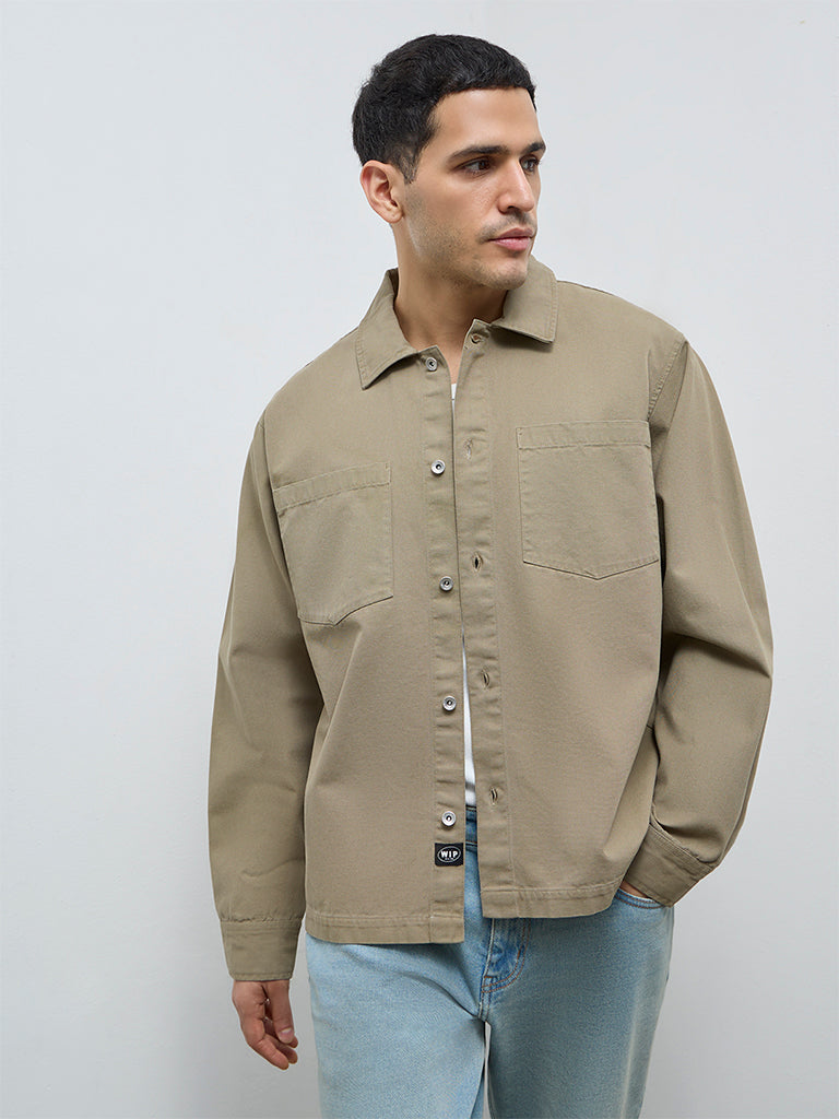 WES Casuals Sage Solid Relaxed-Fit Cotton Shirt
