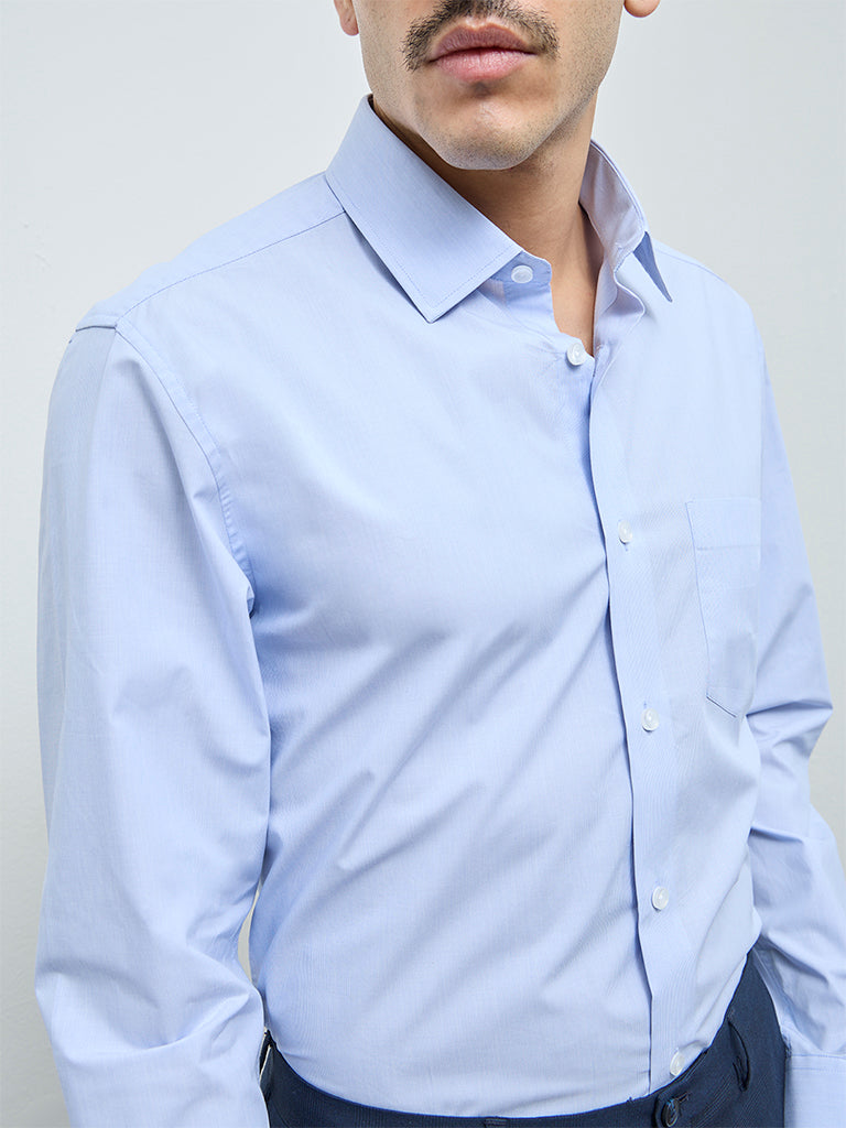 WES Formals Blue Solid Relaxed-Fit Cotton Shirt