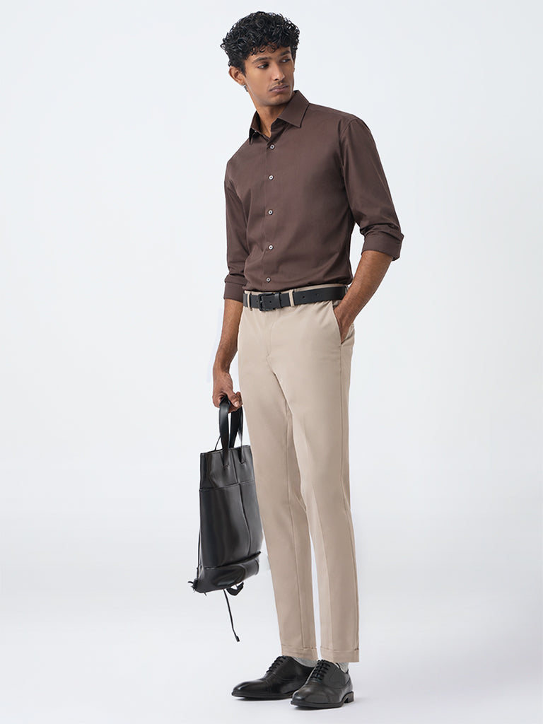 WES Formals Dark Brown Solid Ultra Slim-Fit Cotton Shirt