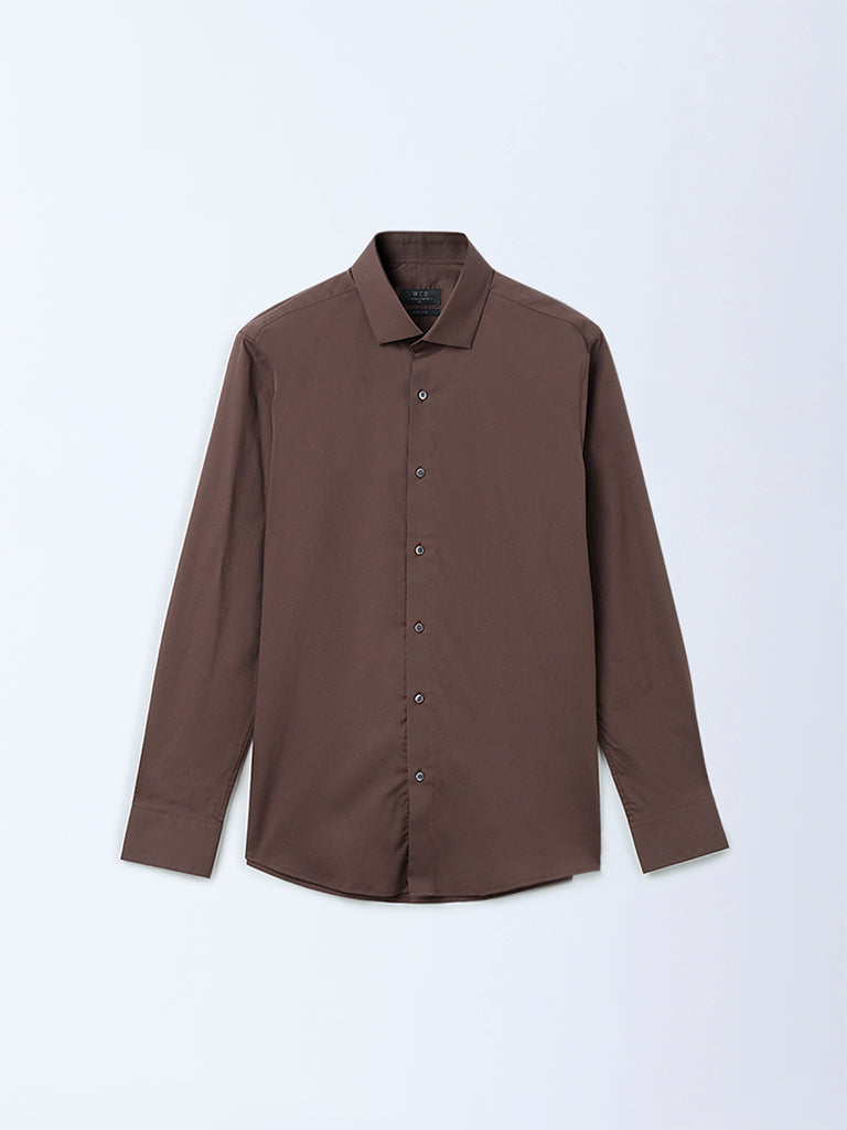 WES Formals Dark Brown Solid Ultra Slim-Fit Cotton Shirt