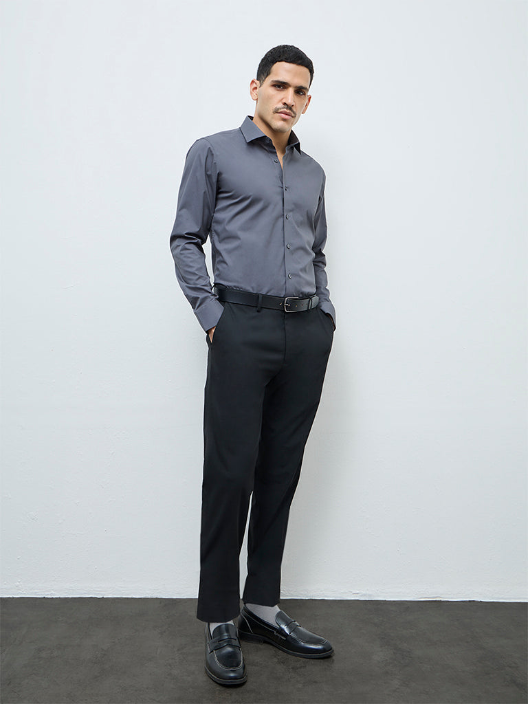 WES Formals Dark Grey Solid Ultra Slim-Fit Cotton-Blend Shirt